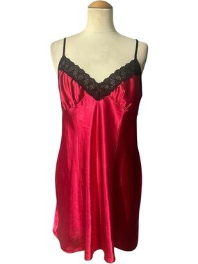 Linea Donatella Satin Lace-Trim Slip Dress Red Black Size Medium